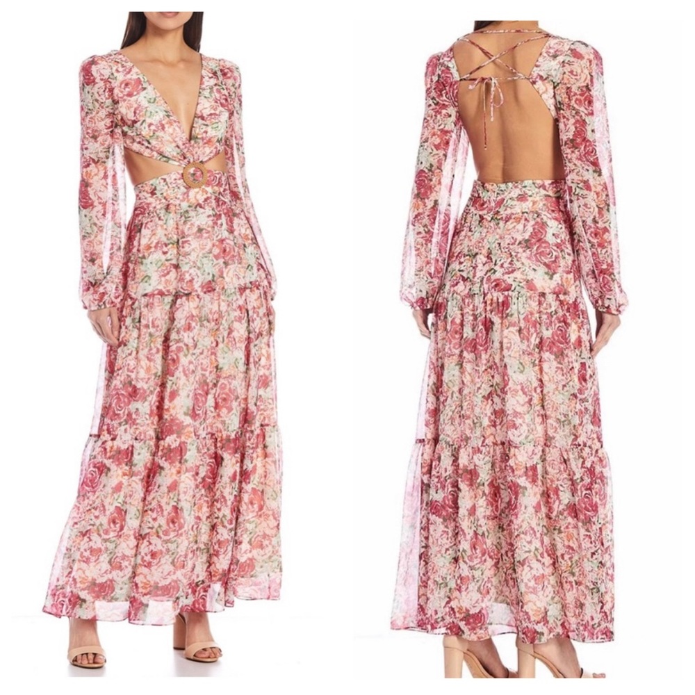 Gianni Bini Lillian pink floral formal cutout maxi dress, 10